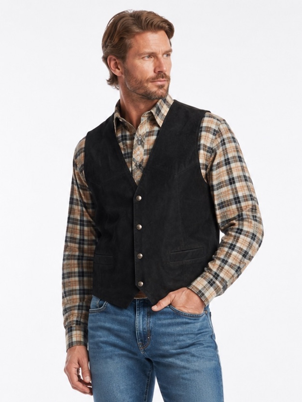 Vintage Western Frontier Men’s L Black Leather Cowboy Biker Vest Snap Front